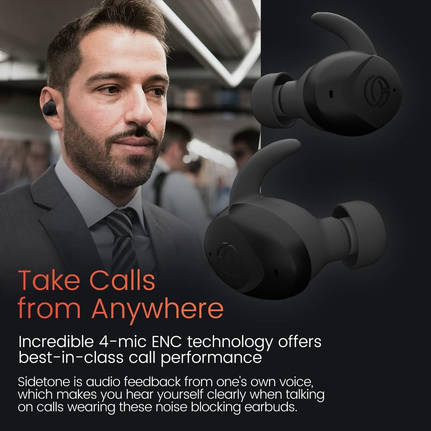 Wireless Sports Earbuds, [Lilt Series] Bluetooth 5.2 Ear Bud Headphone, Noise Isolation, Hear-Through, Gaming Mode, IPX7 Waterproof, ENC, Clear Calls, 24H with Charging Case, Black