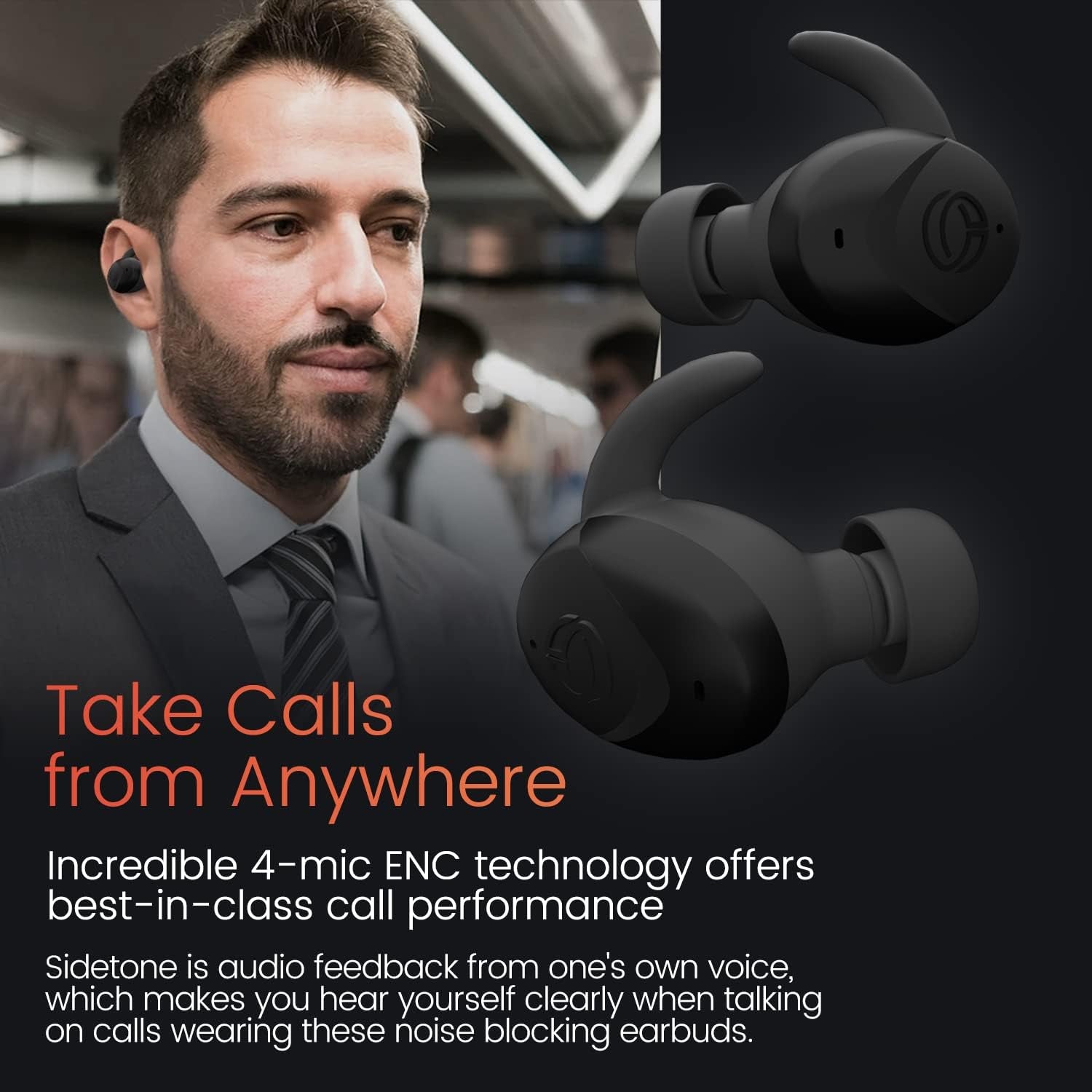 Wireless Sports Earbuds, [Lilt Series] Bluetooth 5.2 Ear Bud Headphone, Noise Isolation, Hear-Through, Gaming Mode, IPX7 Waterproof, ENC, Clear Calls, 24H with Charging Case, Black